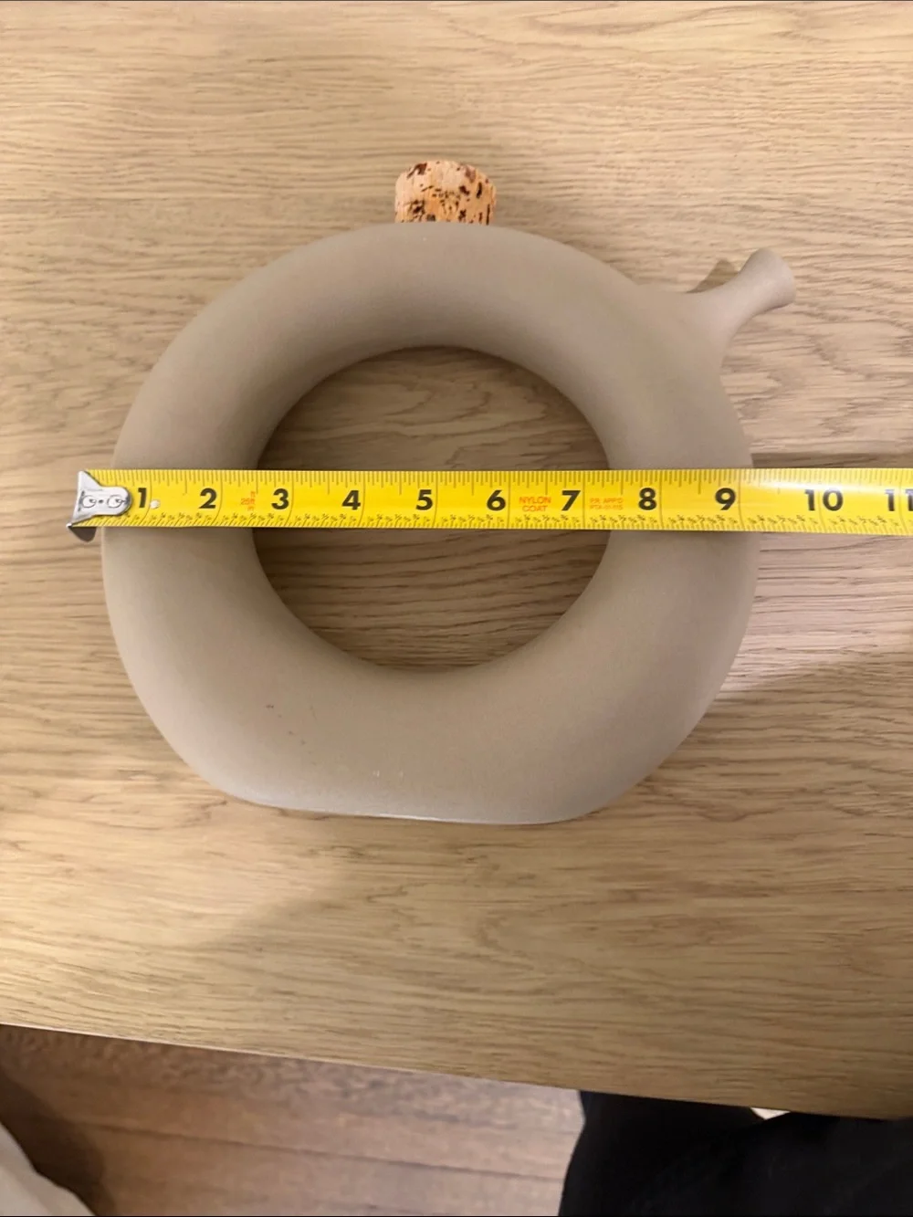 Modern Donut-Shaped Ceramic Vase in Matte Taupe With Cork & Spout